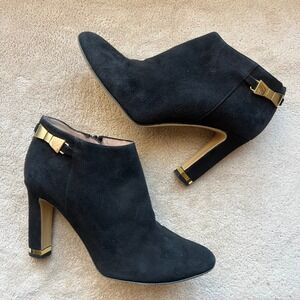 Kate Spade Aldaz Women 6.5B Black Suede Ankle Boots Gold‎ Bow Block Heel Italy